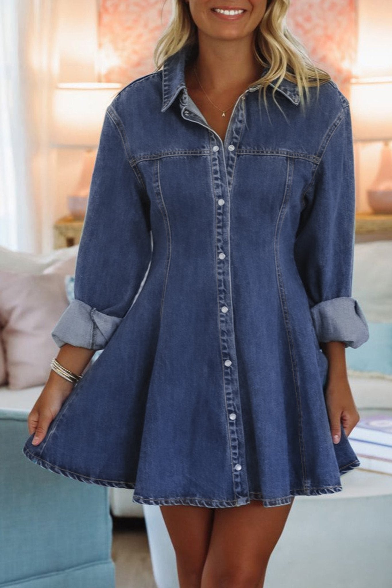 women's casual ashleigh blue denim flared mini dress with collar and long sleeves - great for a variety of occasions with practical styling and