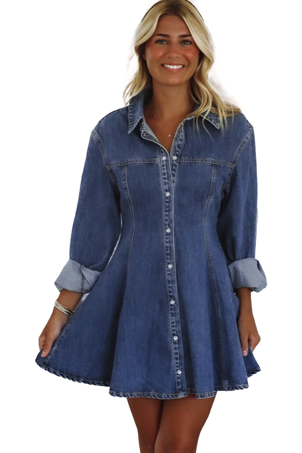 women's casual ashleigh blue denim flared mini dress with collar and long sleeves - great for a variety of occasions with practical styling and