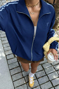 Women's Casual Blue Bow Embroidered Zip-Up Sweatshirt Jacket - Stylish, Comfortable Layering Essential for Everyday Wear