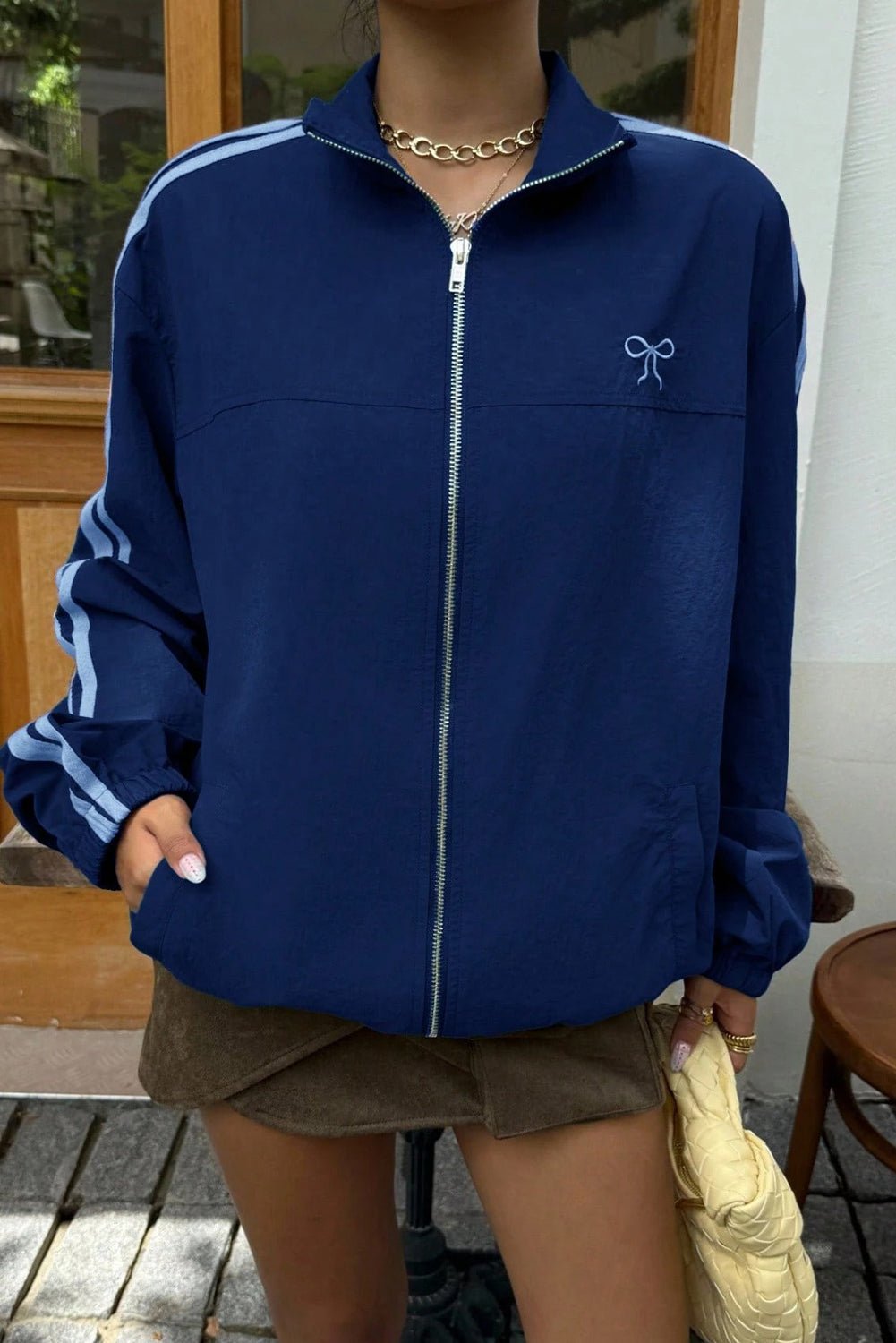 Women's Casual Blue Bow Embroidered Zip-Up Sweatshirt Jacket - Stylish, Comfortable Layering Essential for Everyday Wear