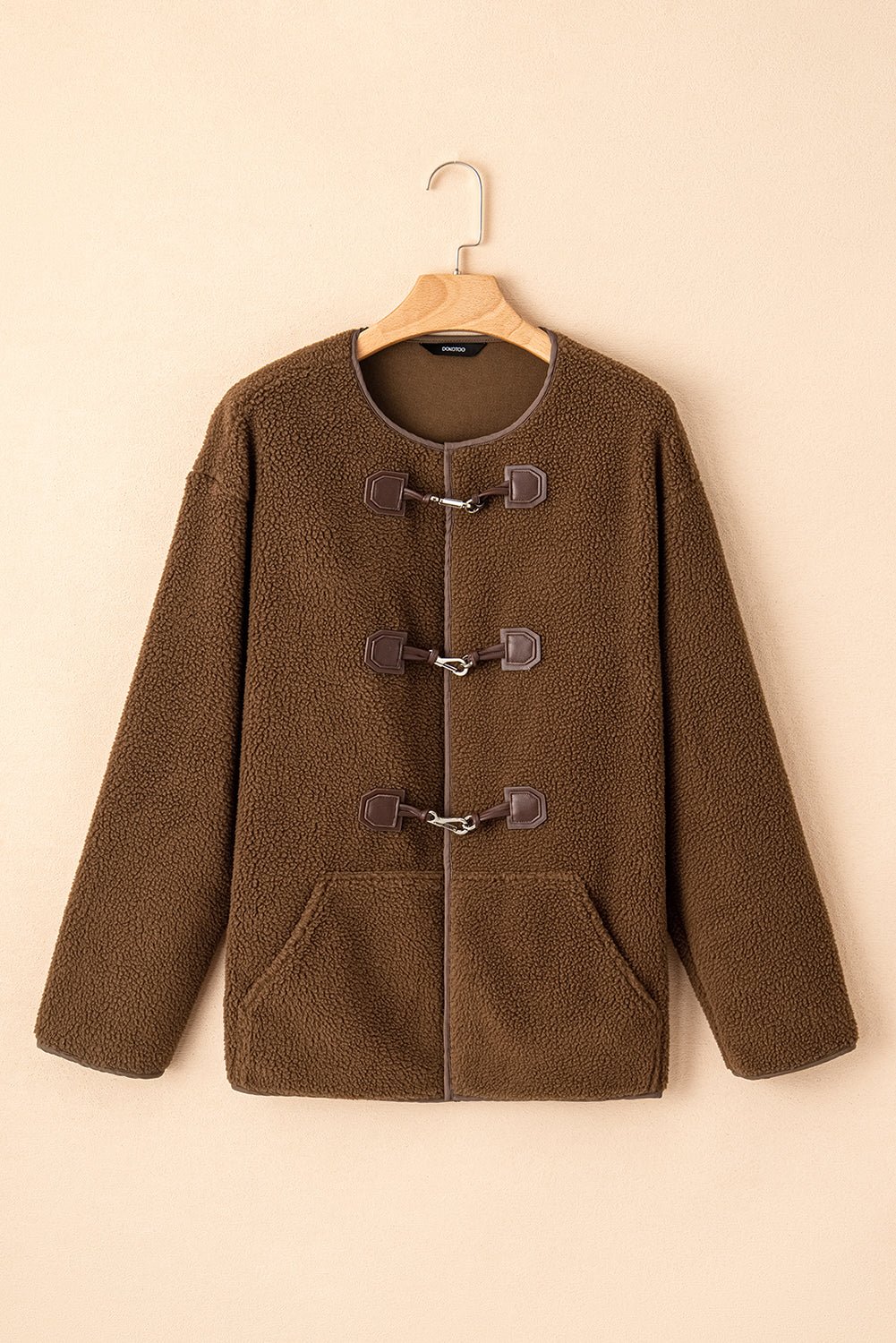 Women's Coffee Brown Textured Teddy Coat with Toggle Closure