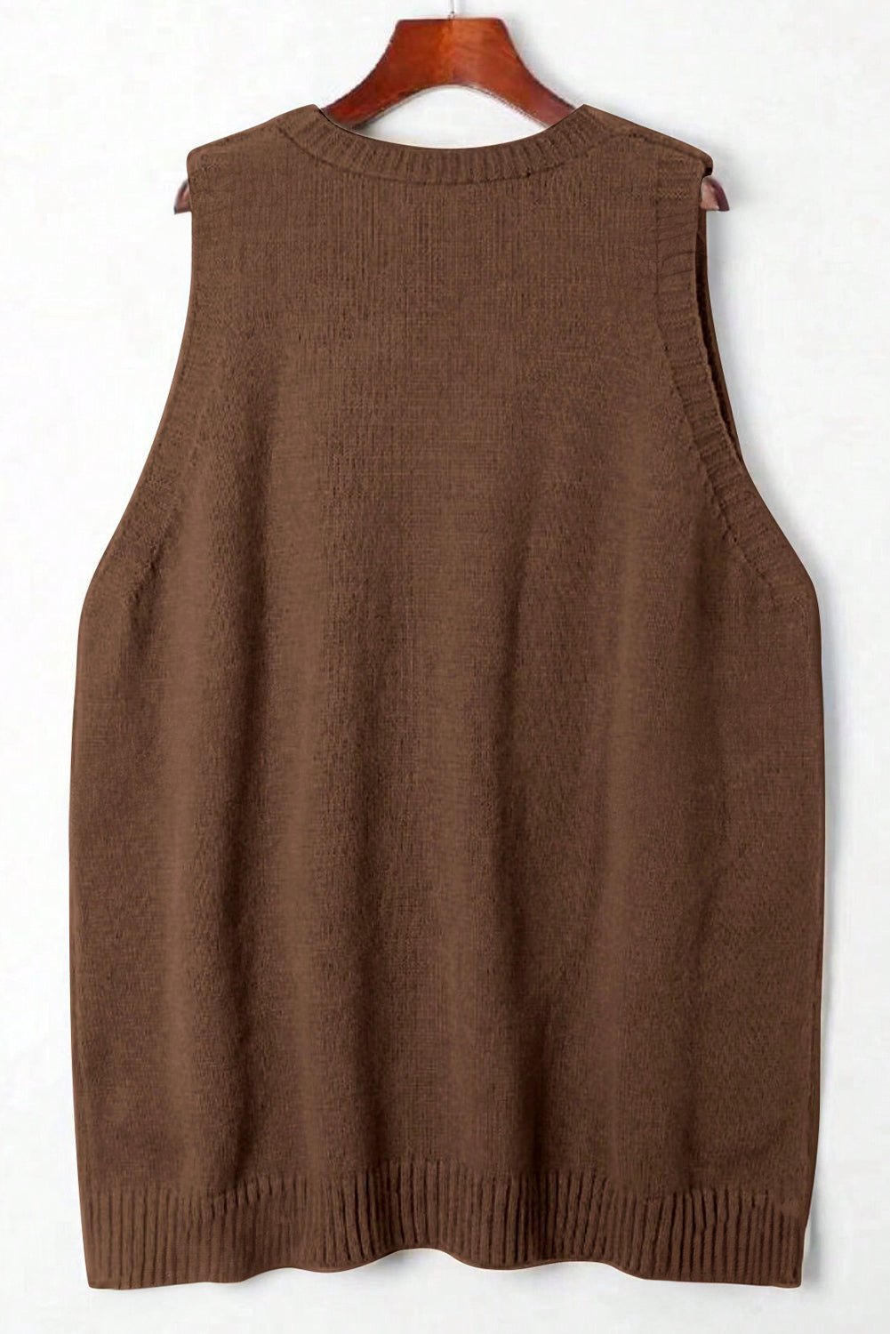 Women's Dark Brown Ribbed Tunic Sweater Vest with Deep V-Neck
