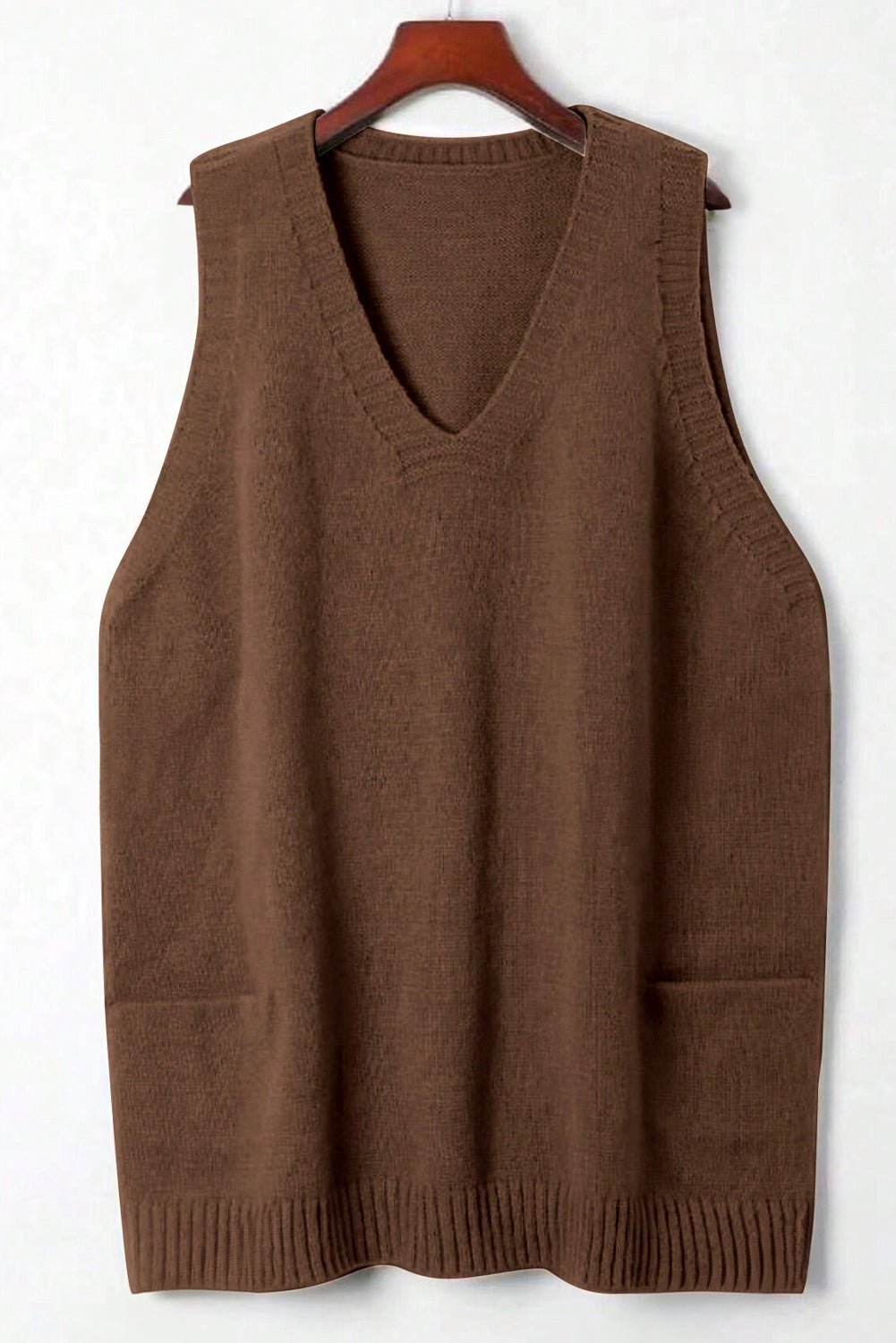 Women's Dark Brown Ribbed Tunic Sweater Vest with Deep V-Neck