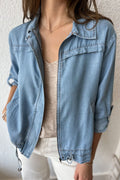 Women's Dusk Blue Denim Jacket with Full Zipper, Collared Design, Drawstring Hem, and Tab Sleeves for a Stylish Fit