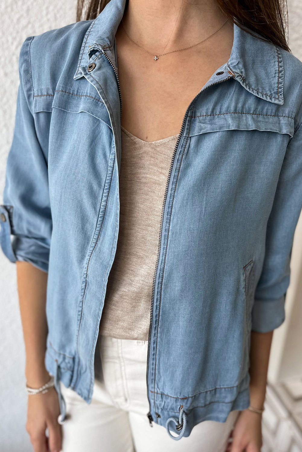 Women's Dusk Blue Denim Jacket with Full Zipper, Collared Design, Drawstring Hem, and Tab Sleeves for a Stylish Fit