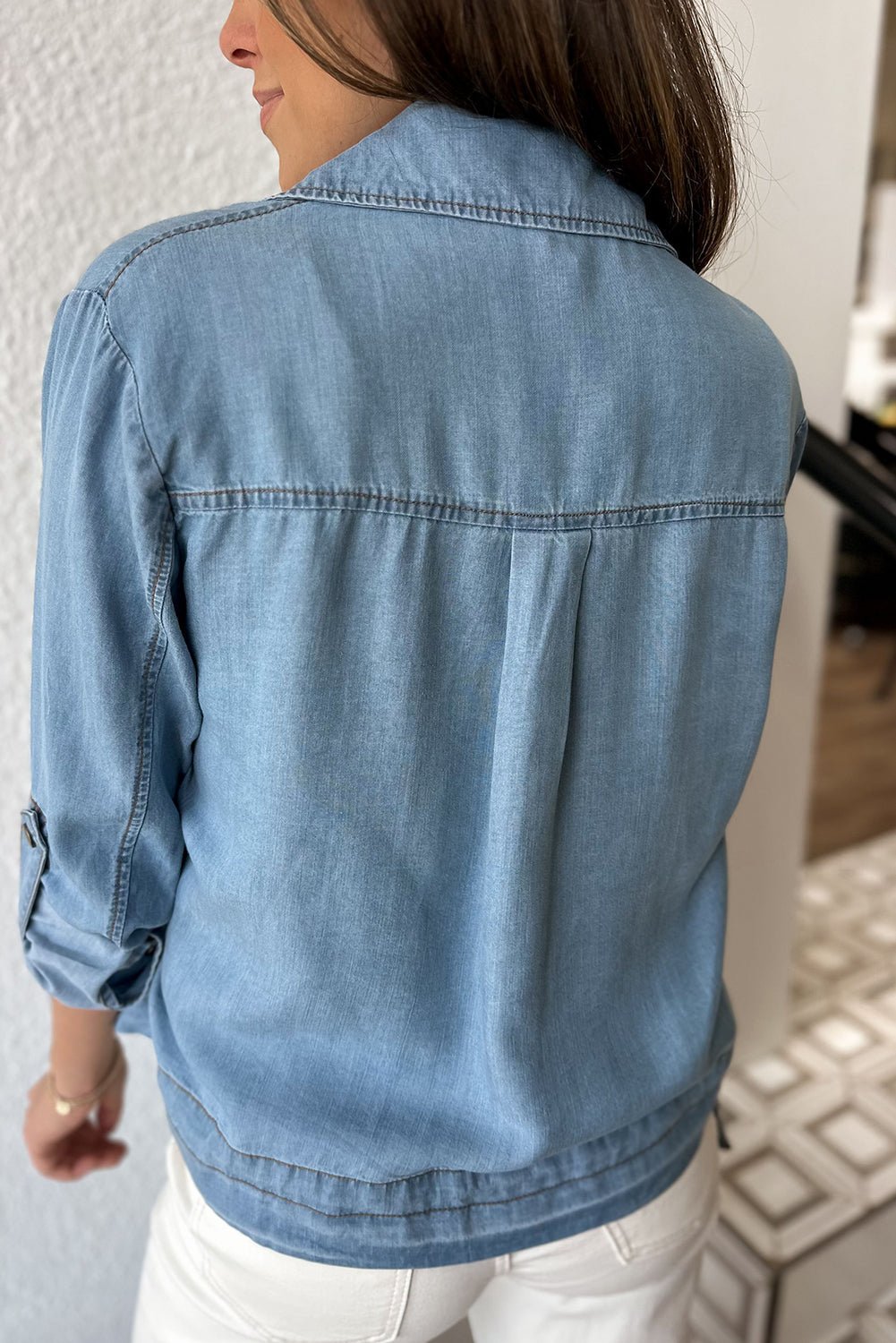 Women's Dusk Blue Denim Jacket with Full Zipper, Collared Design, Drawstring Hem, and Tab Sleeves for a Stylish Fit
