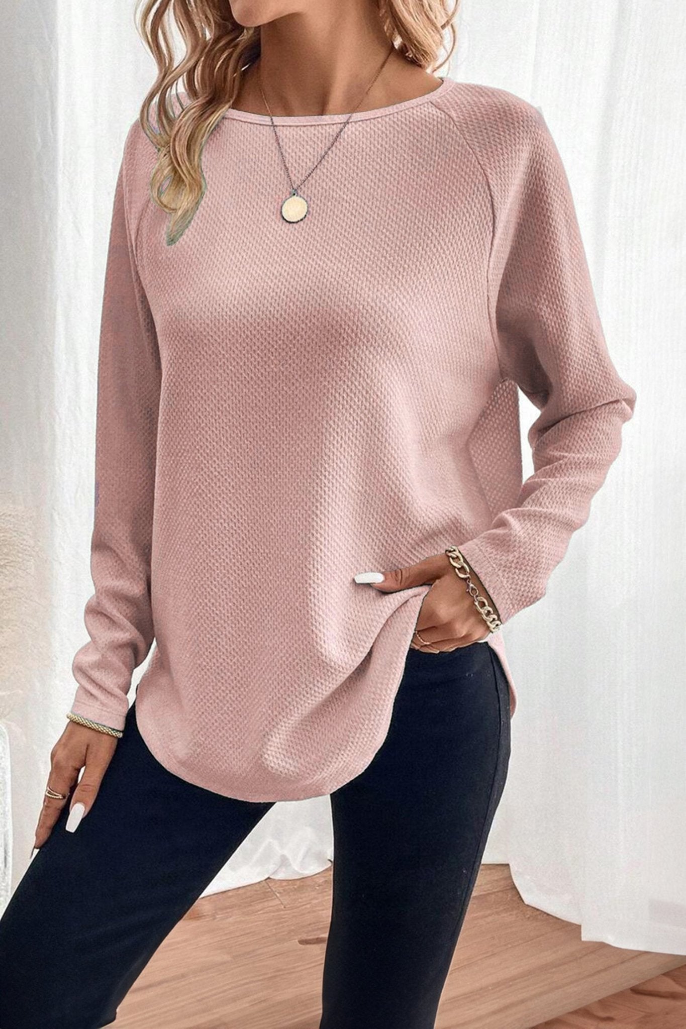 Women's Dusty Rose Textured Raglan Knit Top in Long Sleeve Tops