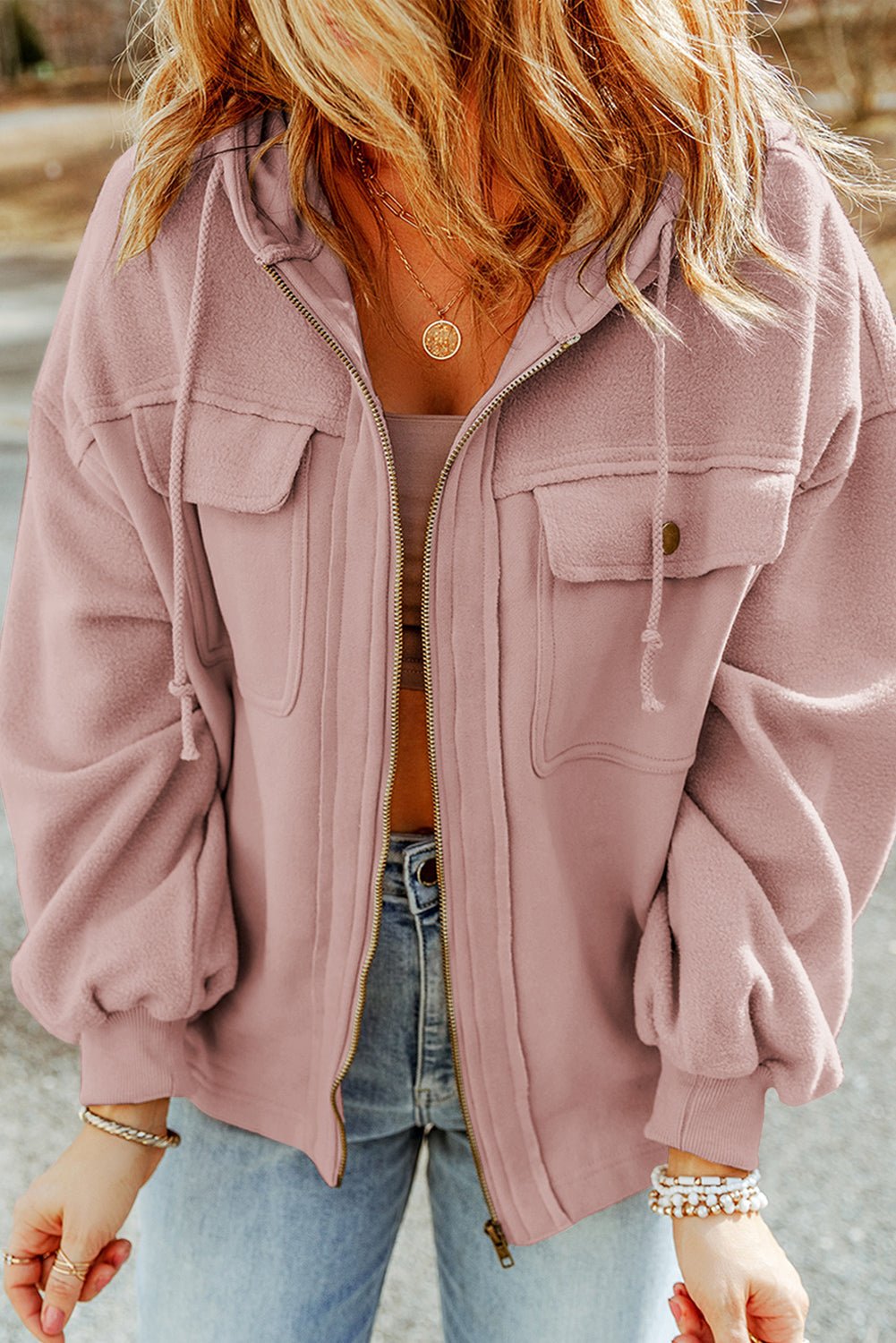 Women's Dusty Rose Utility Zip-Up Hooded Jacket with Flap Pockets