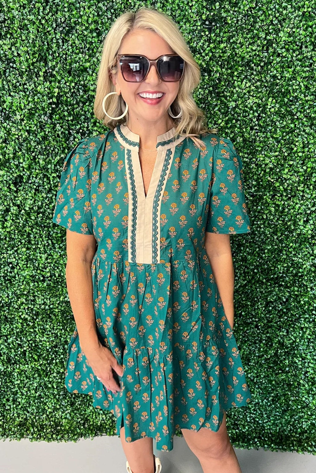 Women's Embroidered Green Cotton Floral Tiered Mini Dress