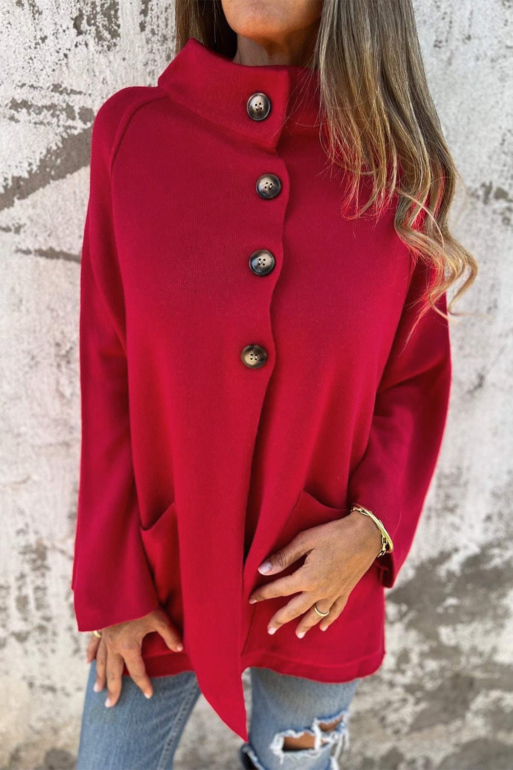Women's Fiery Red Knit Button-Front Cardigan Jacket