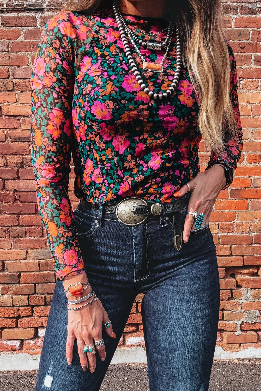 Women's Floral Mesh Mock Neck Long Sleeve Blouse in Midnight Garden