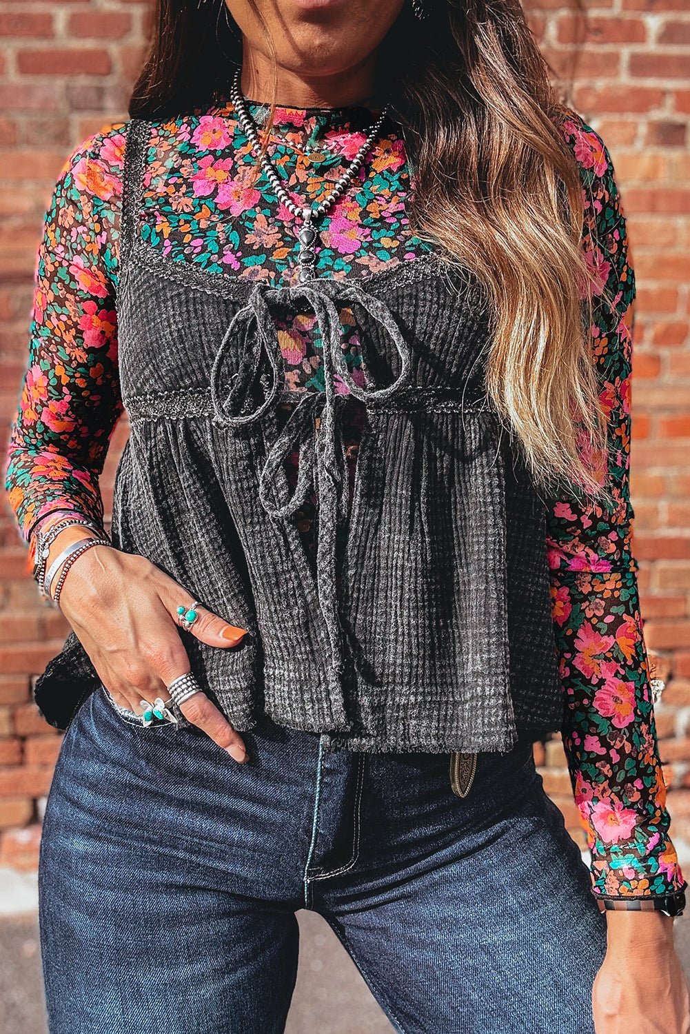 Women's Floral Mesh Mock Neck Long Sleeve Blouse in Midnight Garden