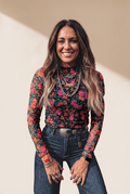Women's Floral Mesh Mock Neck Long Sleeve Blouse in Midnight Garden