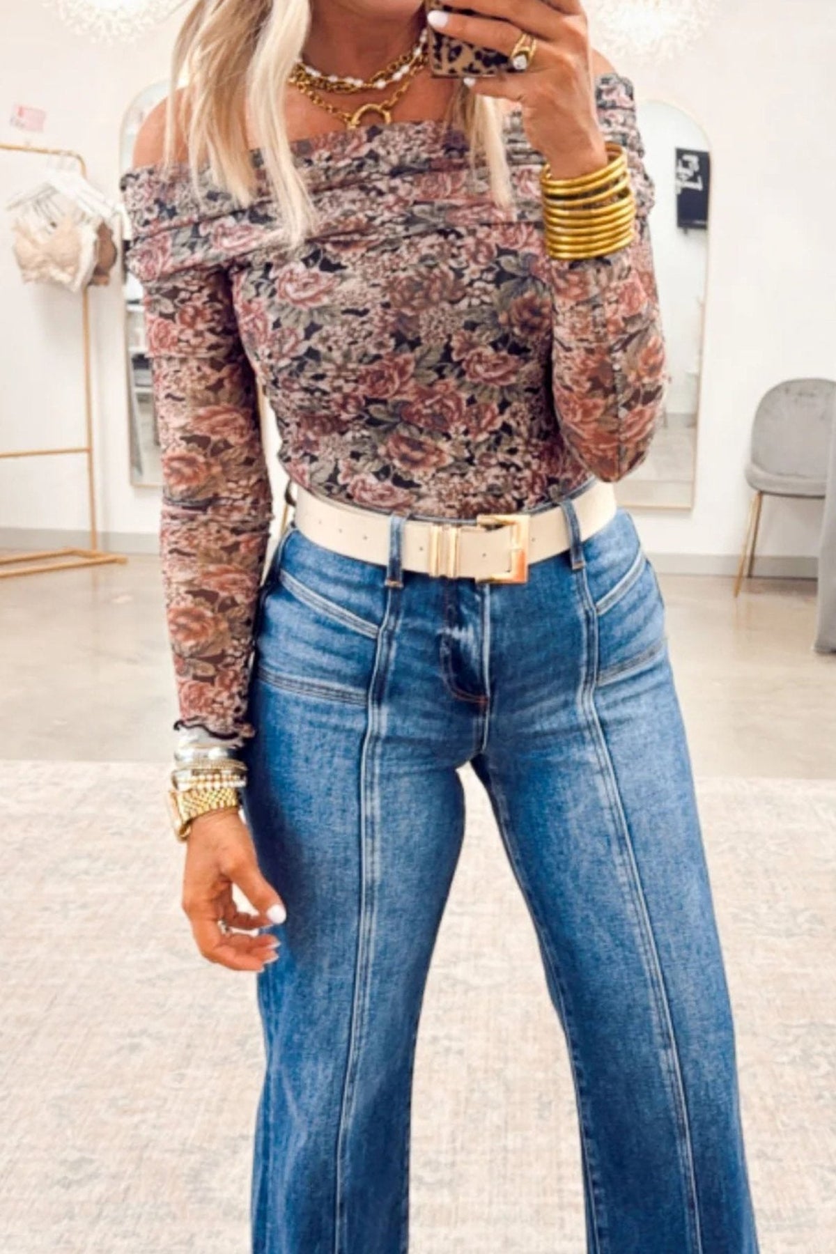 Women's Floral Mesh Off-Shoulder Foldover Top in Black Rose