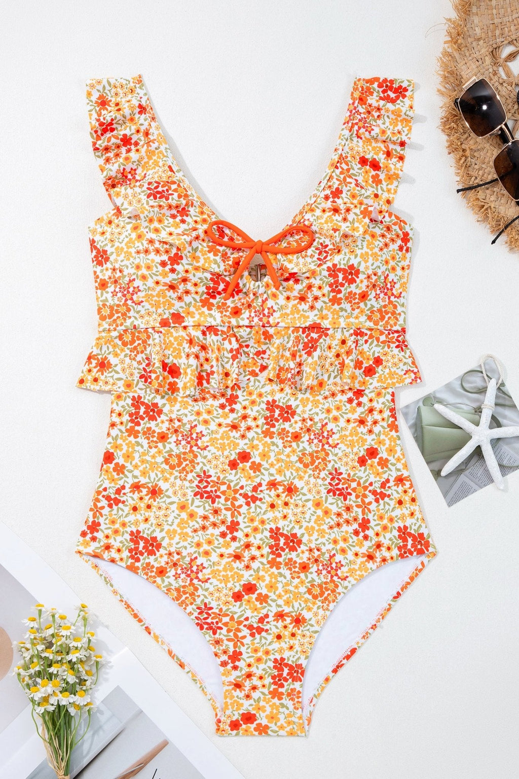 Women's Floral Orange Ruffle One-Piece Swimsuit with Keyhole Detail