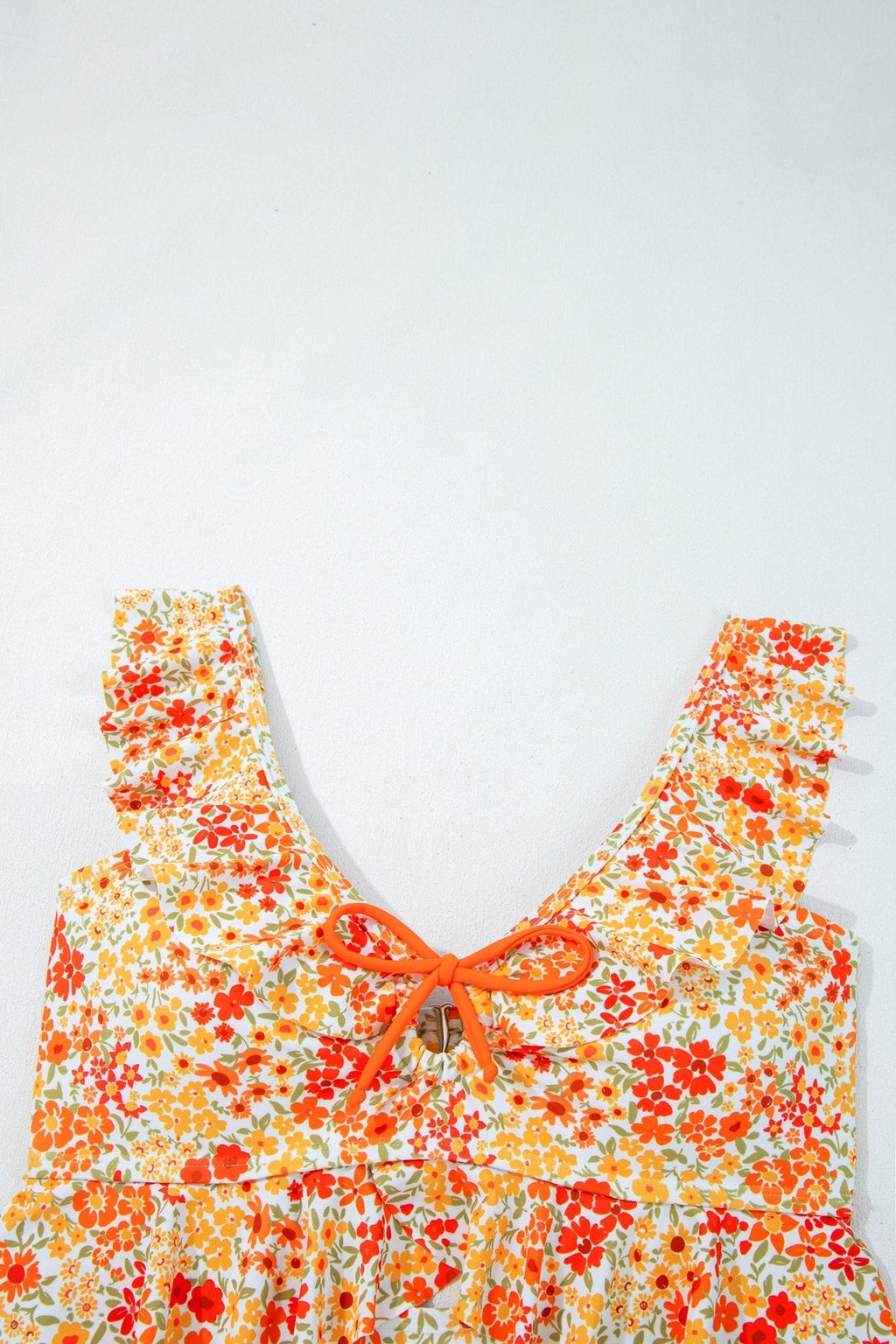 Women's Floral Orange Ruffle One-Piece Swimsuit with Keyhole Detail