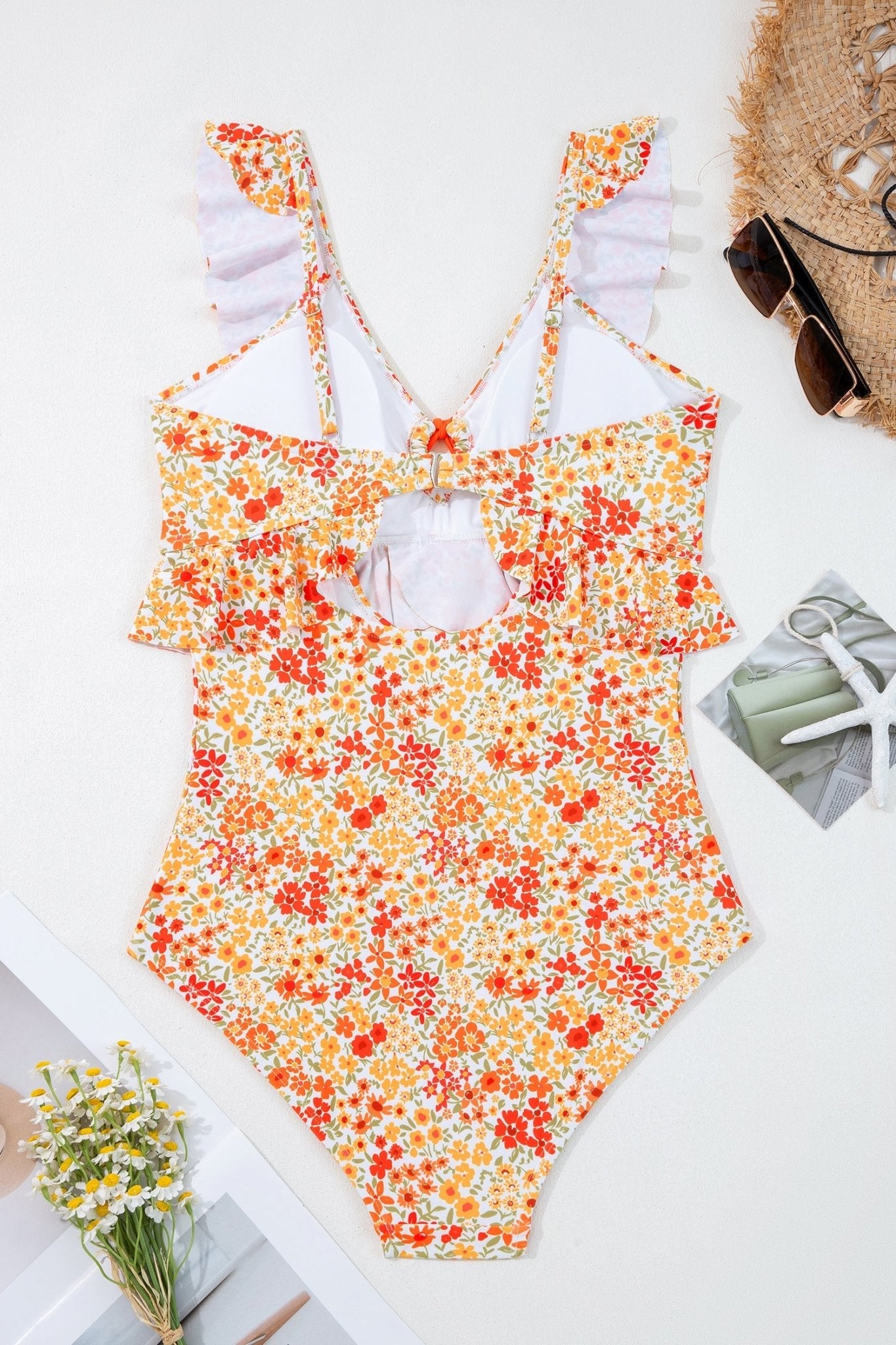Women's Floral Orange Ruffle One-Piece Swimsuit with Keyhole Detail