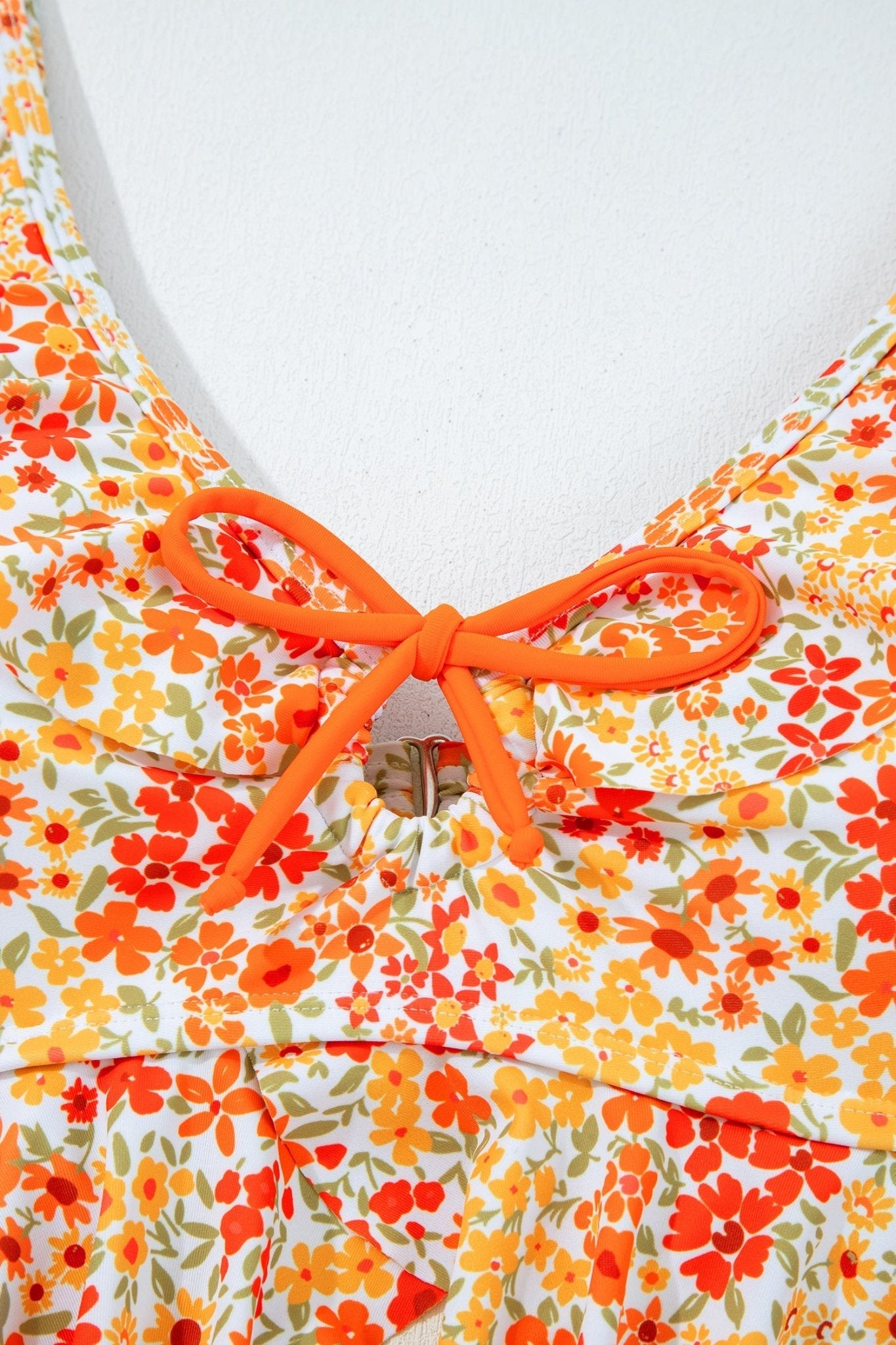 Women's Floral Orange Ruffle One-Piece Swimsuit with Keyhole Detail