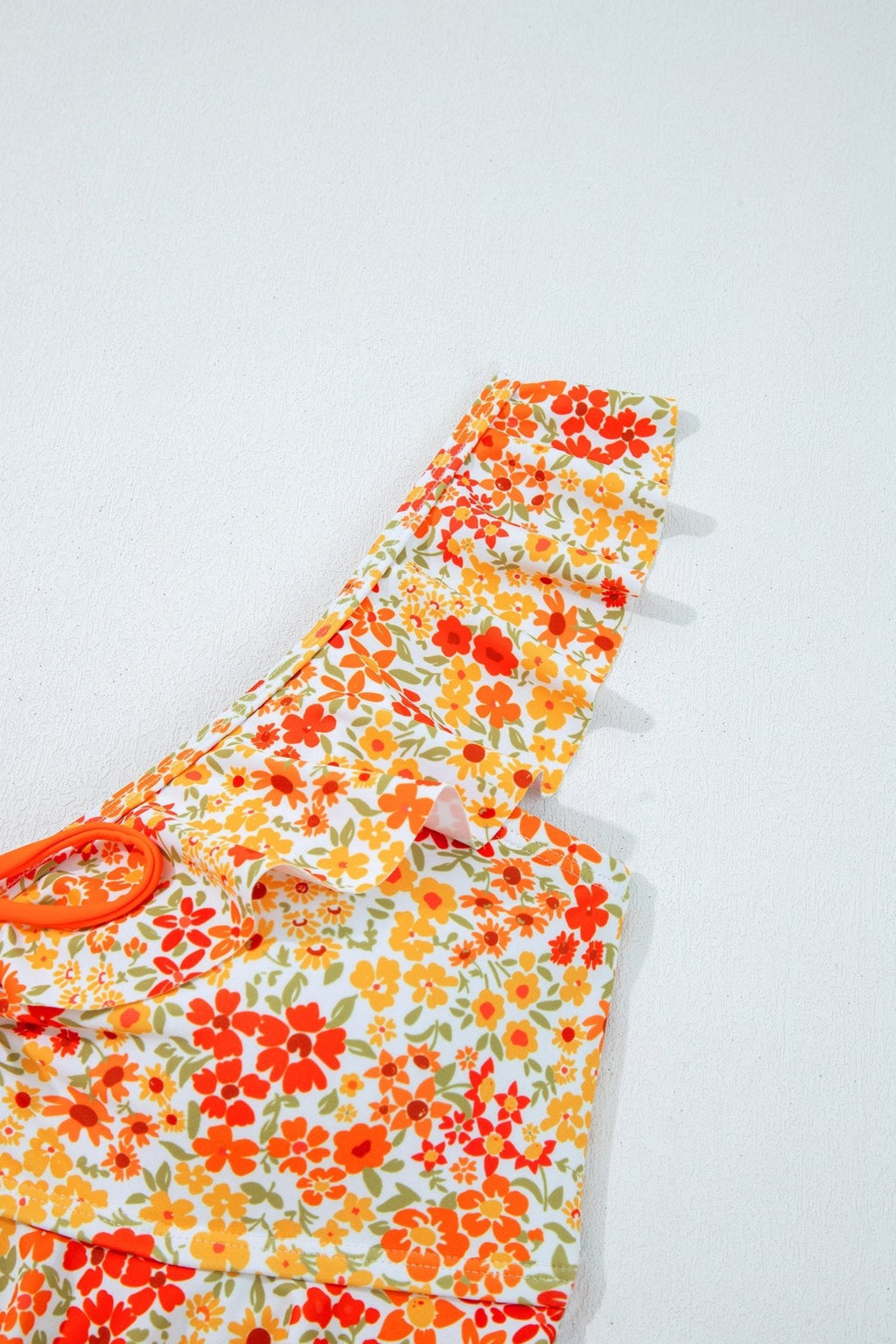 Women's Floral Orange Ruffle One-Piece Swimsuit with Keyhole Detail