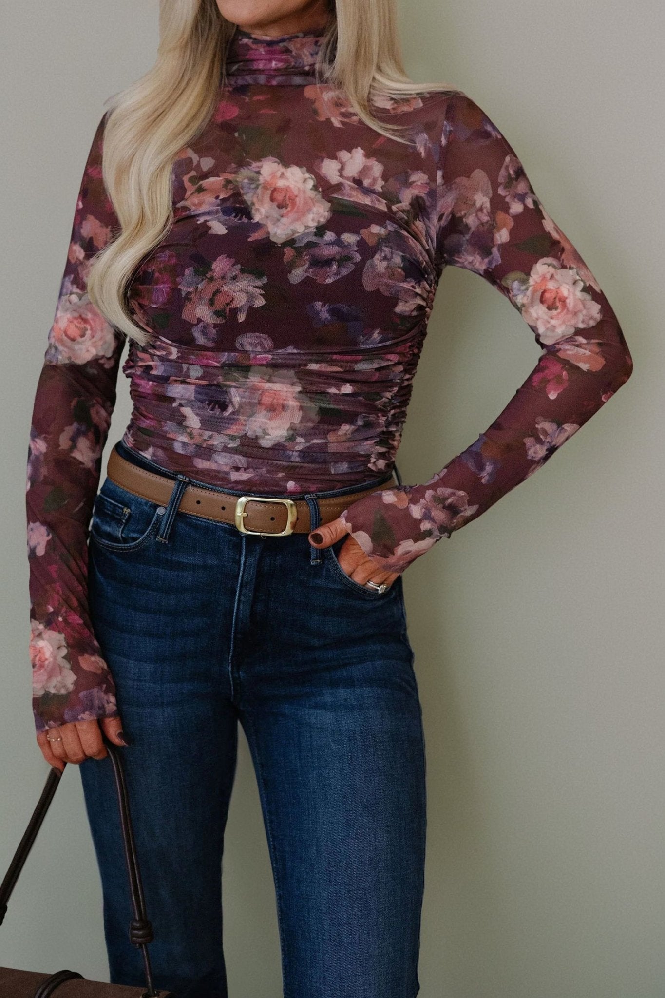 Women's Floral Ruched Mesh High Neck Long Sleeve Top