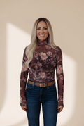 Women's Floral Ruched Mesh High Neck Long Sleeve Top