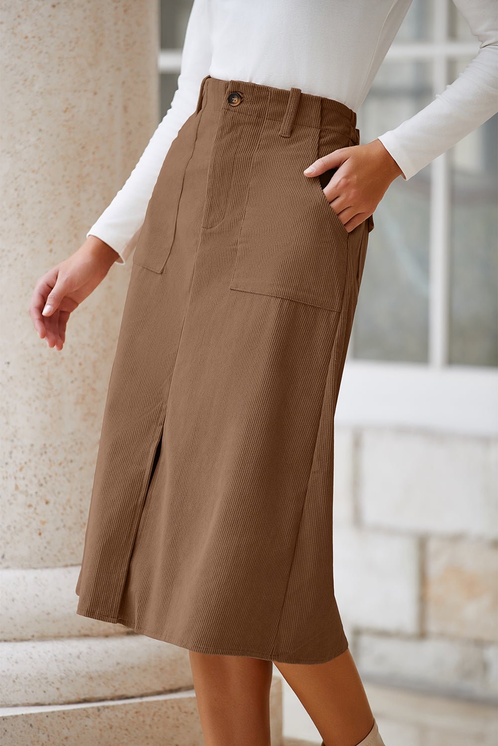 Women's High Waist Coffee Corduroy Midi Skirt with Front Slit