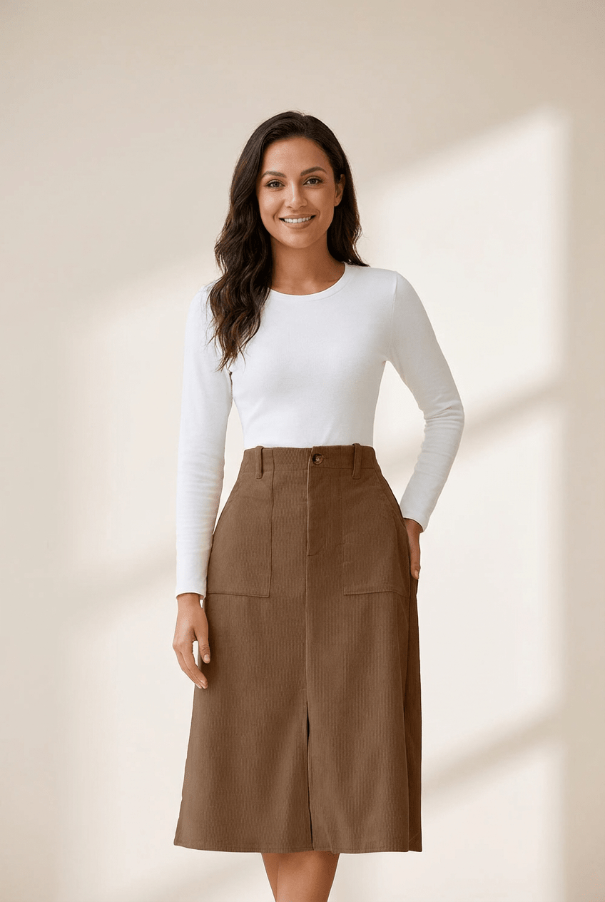 Women's High Waist Coffee Corduroy Midi Skirt with Front Slit
