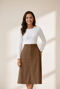 Women's High Waist Coffee Corduroy Midi Skirt with Front Slit