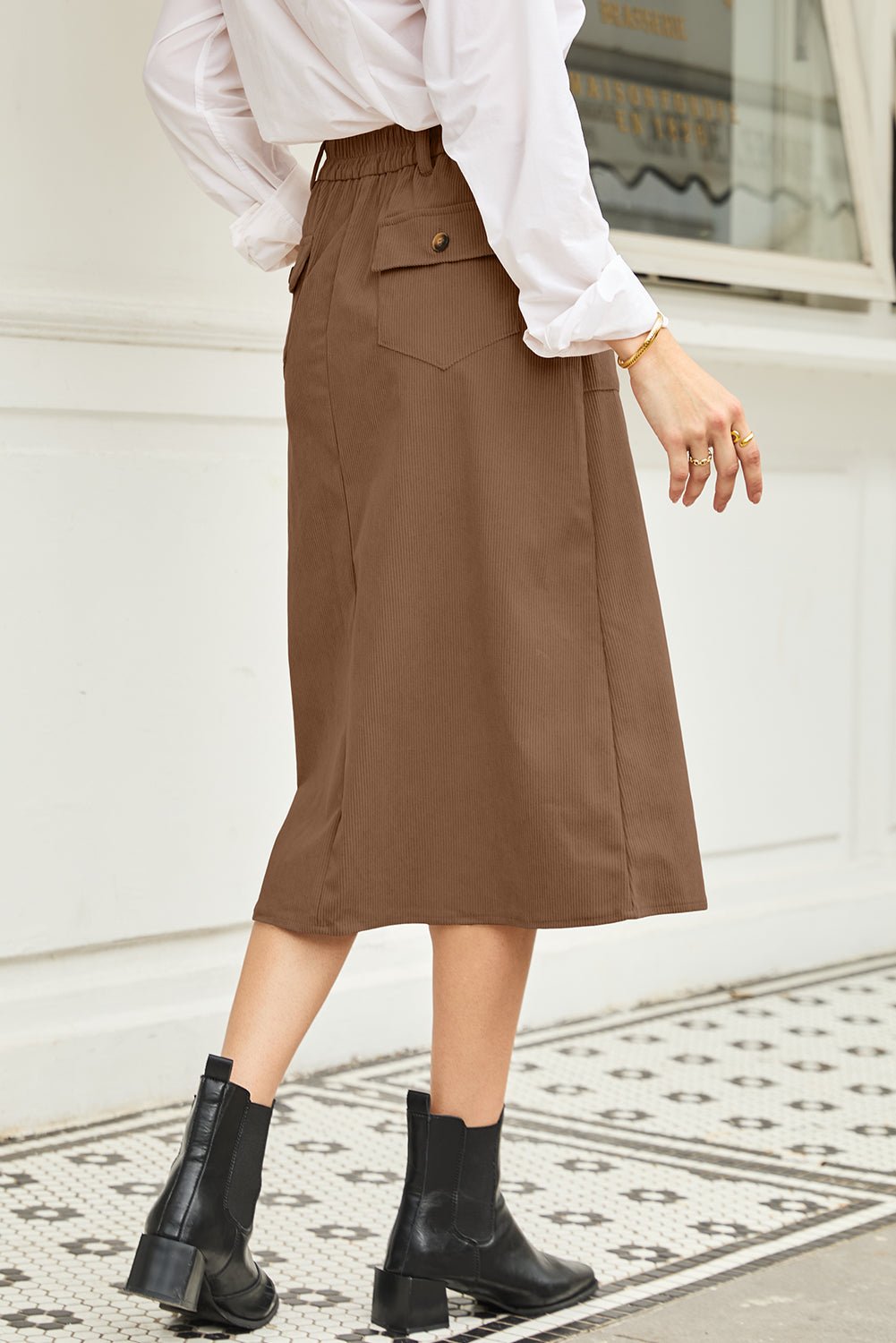 Women's High Waist Coffee Corduroy Midi Skirt with Front Slit