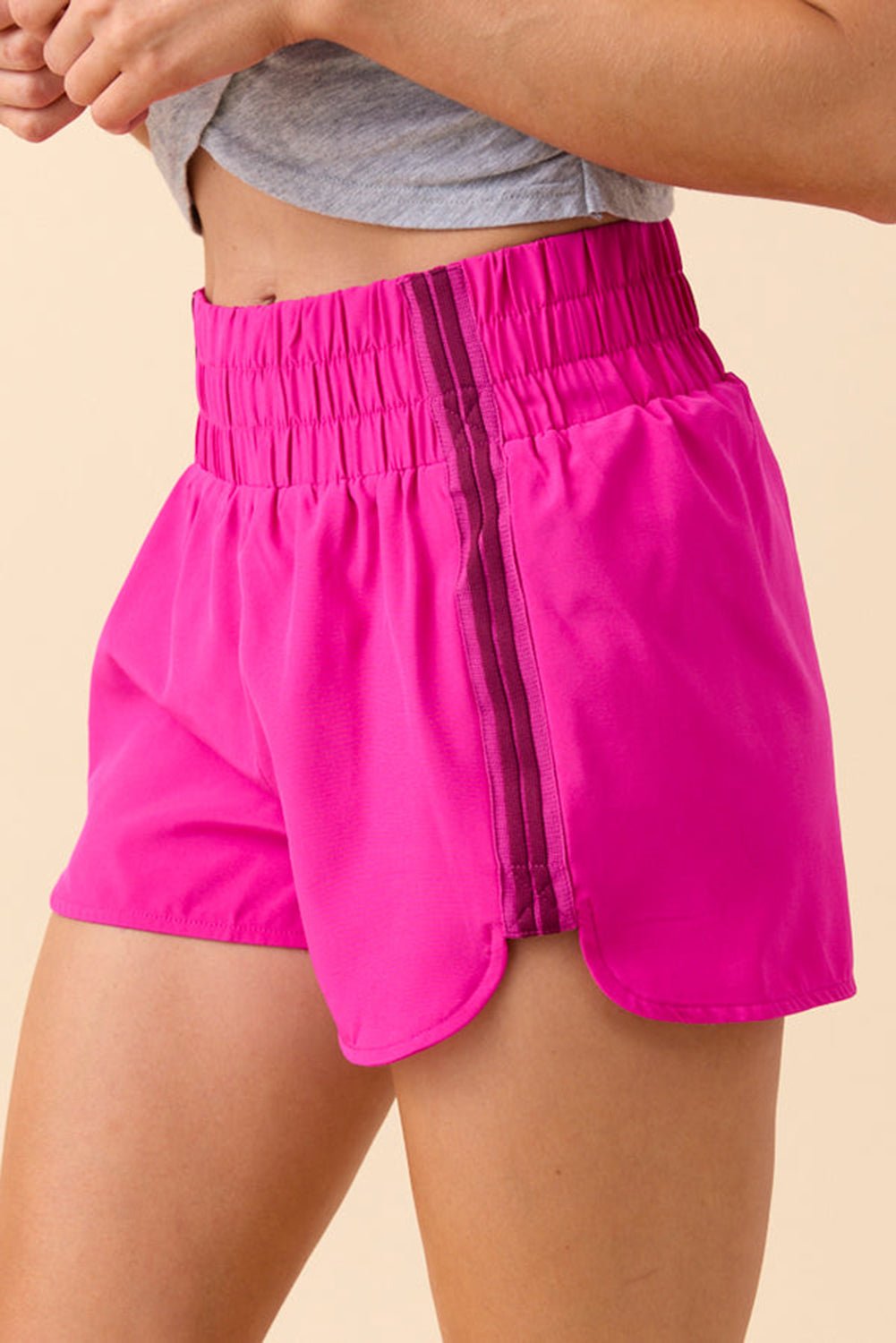 Women's High-Waisted Rose Red Athleisure Shorts with Varsity Stripes