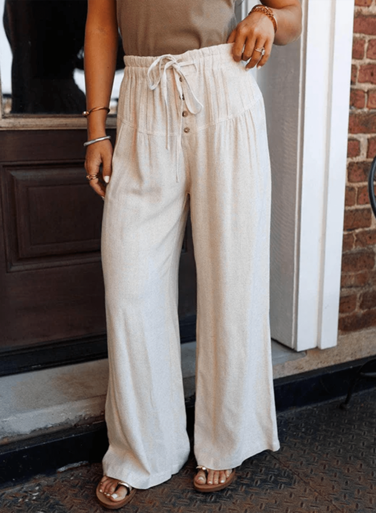 Women's Jet Stream Cotton-Viscose Wide Leg Pants with Button Detail