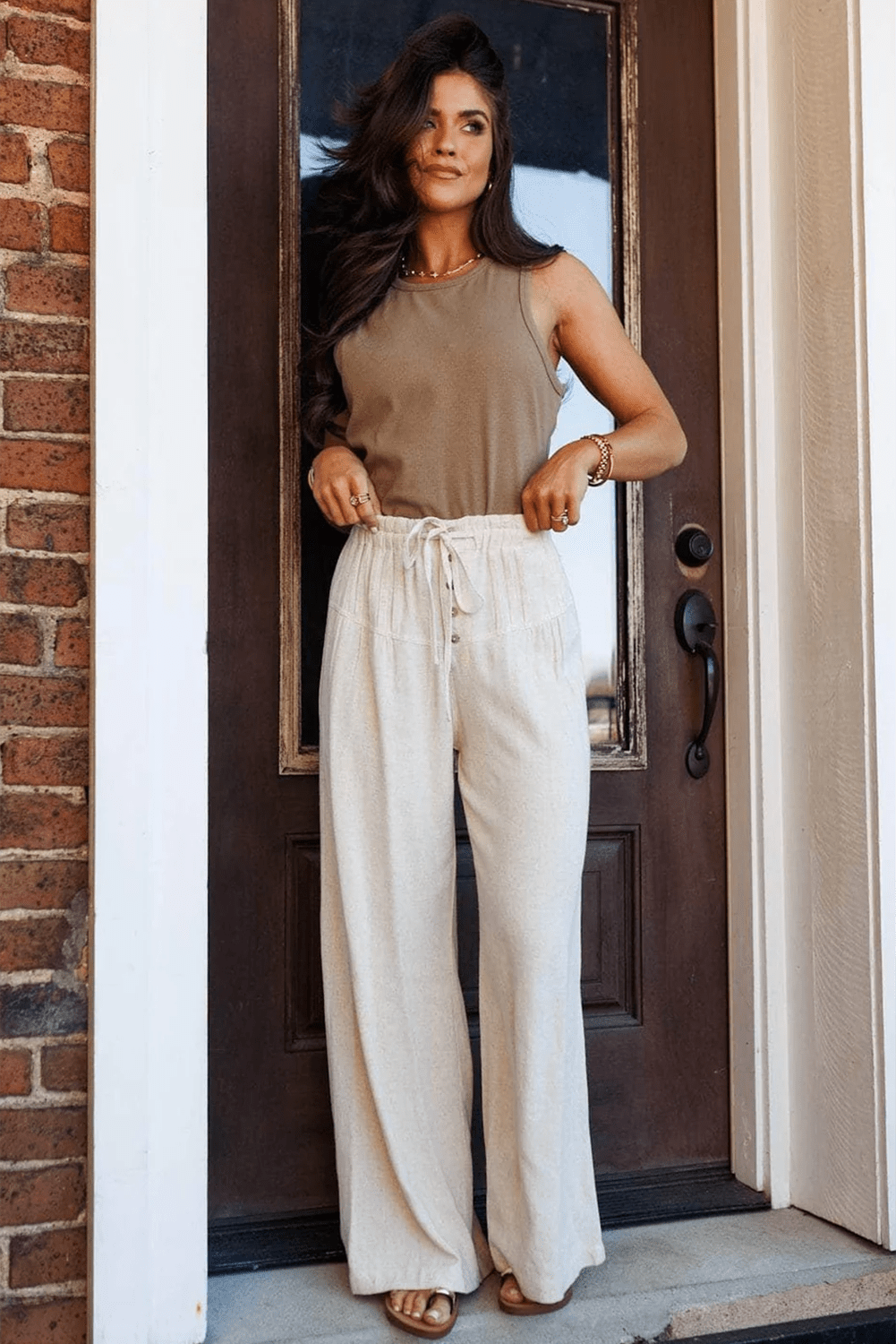 Women's Jet Stream Cotton-Viscose Wide Leg Pants with Button Detail