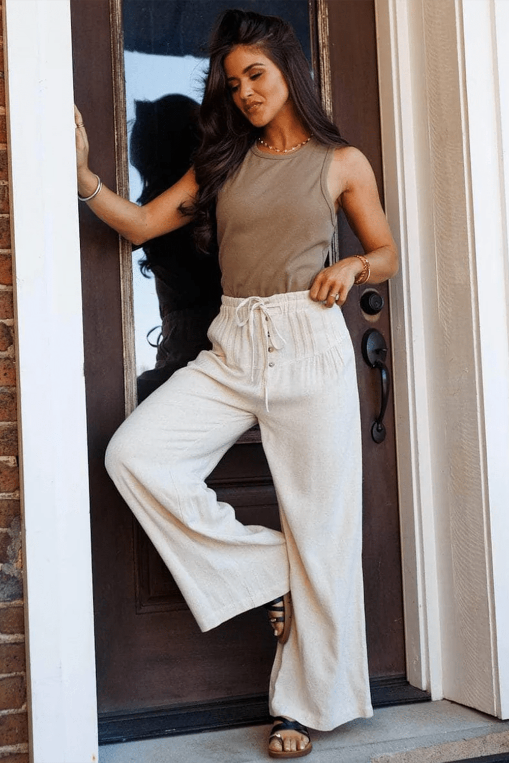Women's Jet Stream Cotton-Viscose Wide Leg Pants with Button Detail