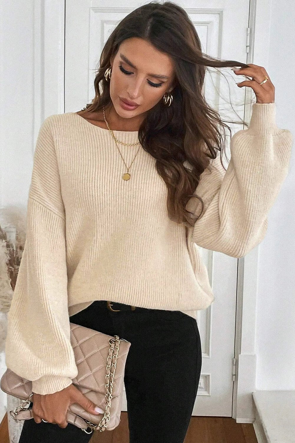 Women's Jet Stream V-Back Ribbon Detail Ribbed Knit Sweater