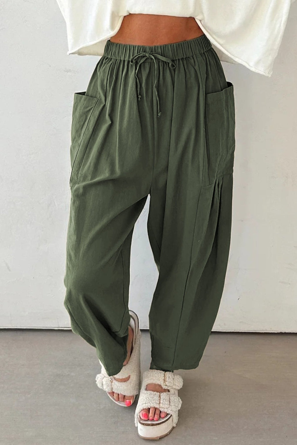 Women's Jungle Green Barrel Leg Cotton-Viscose Utility Pants