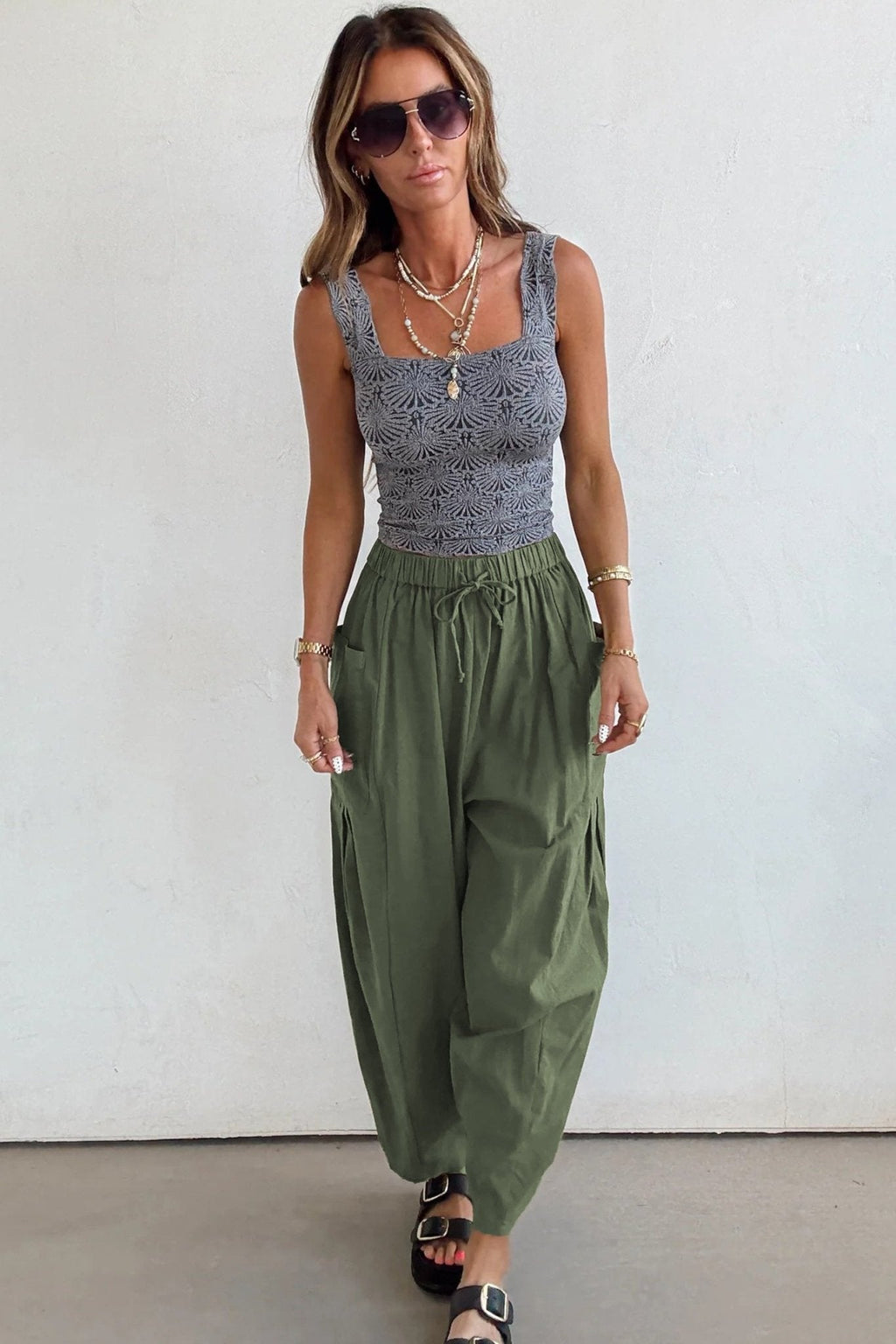 Women's Jungle Green Barrel Leg Cotton-Viscose Utility Pants