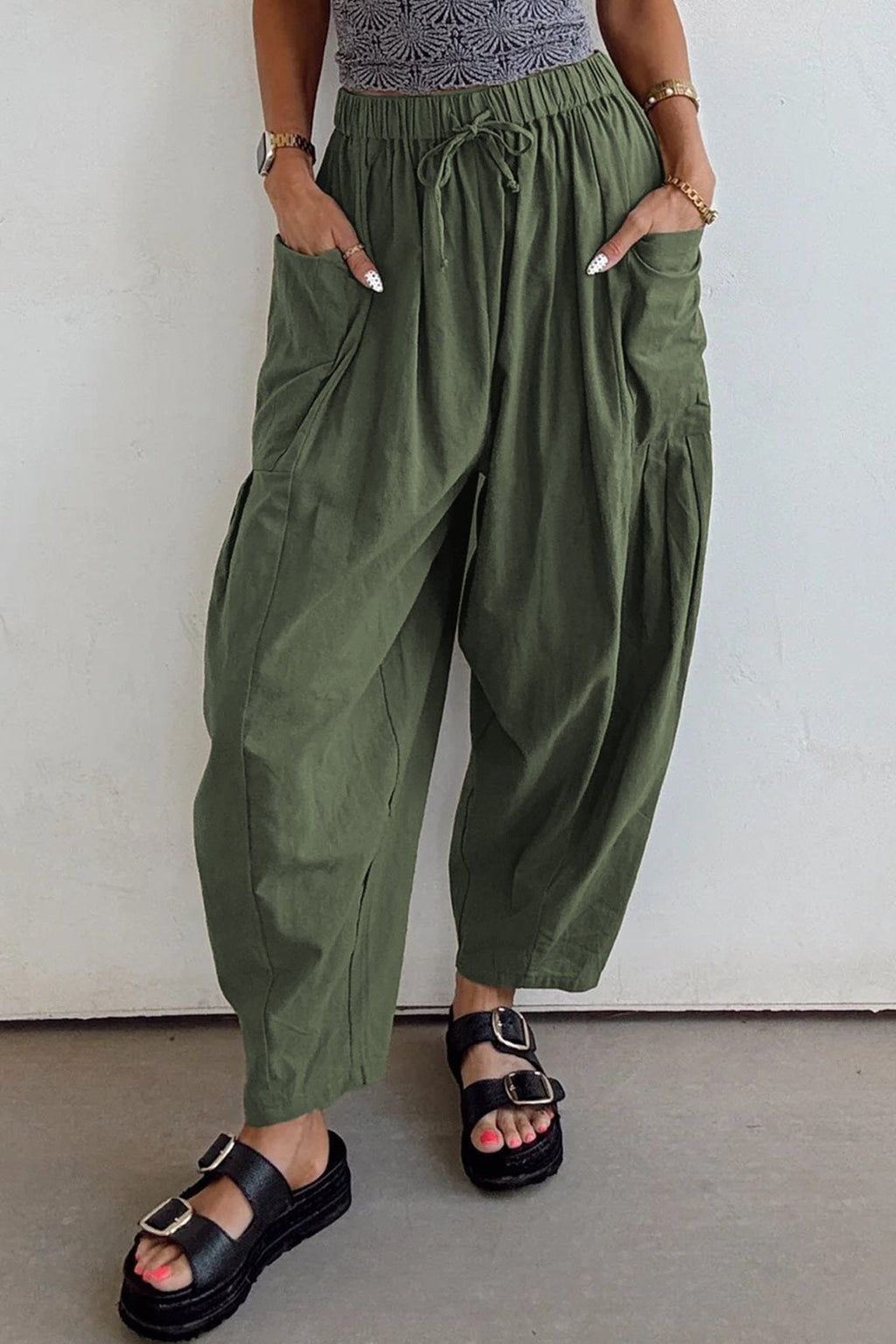 Women's Jungle Green Barrel Leg Cotton-Viscose Utility Pants