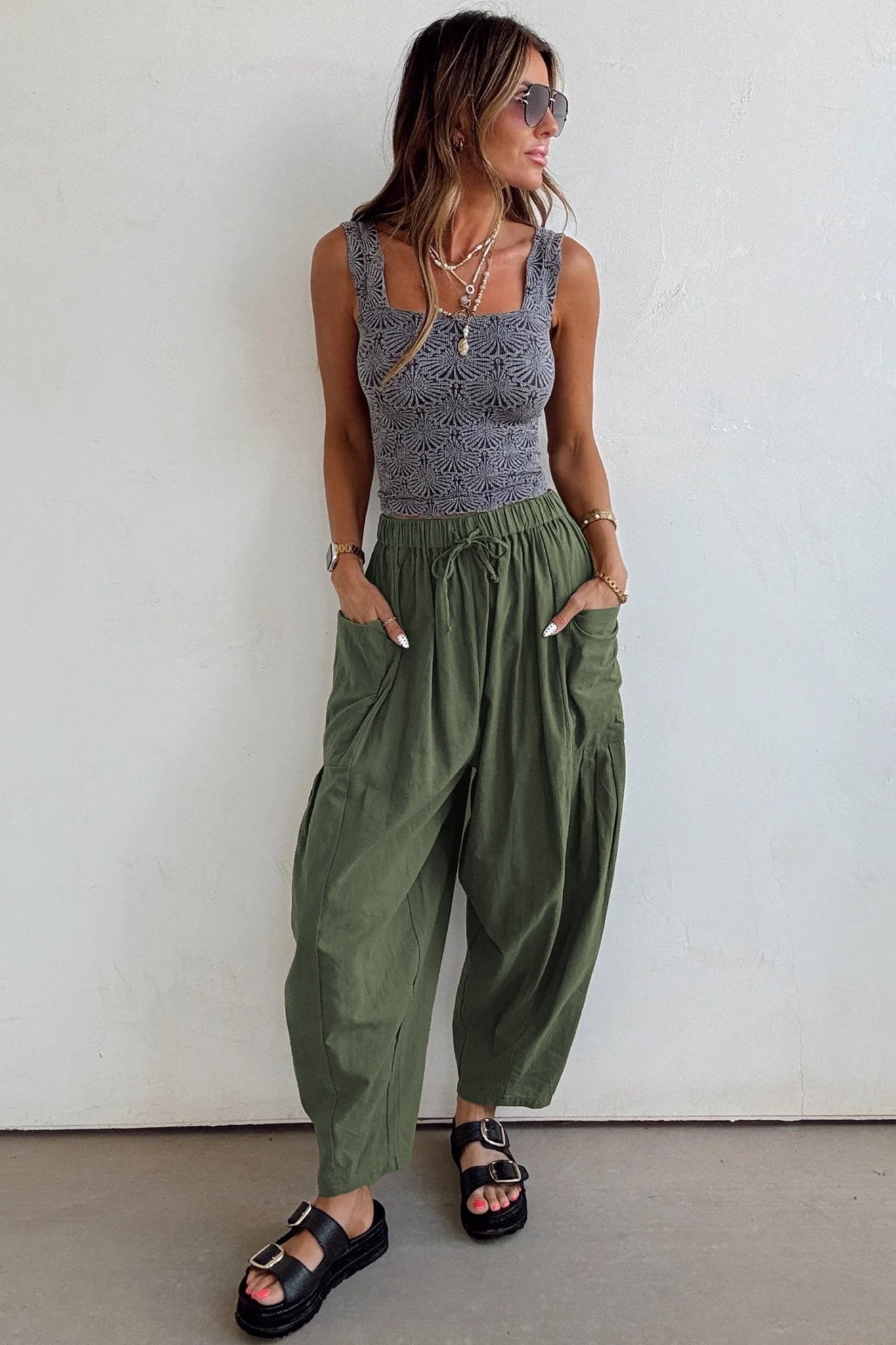 Women's Jungle Green Barrel Leg Cotton-Viscose Utility Pants