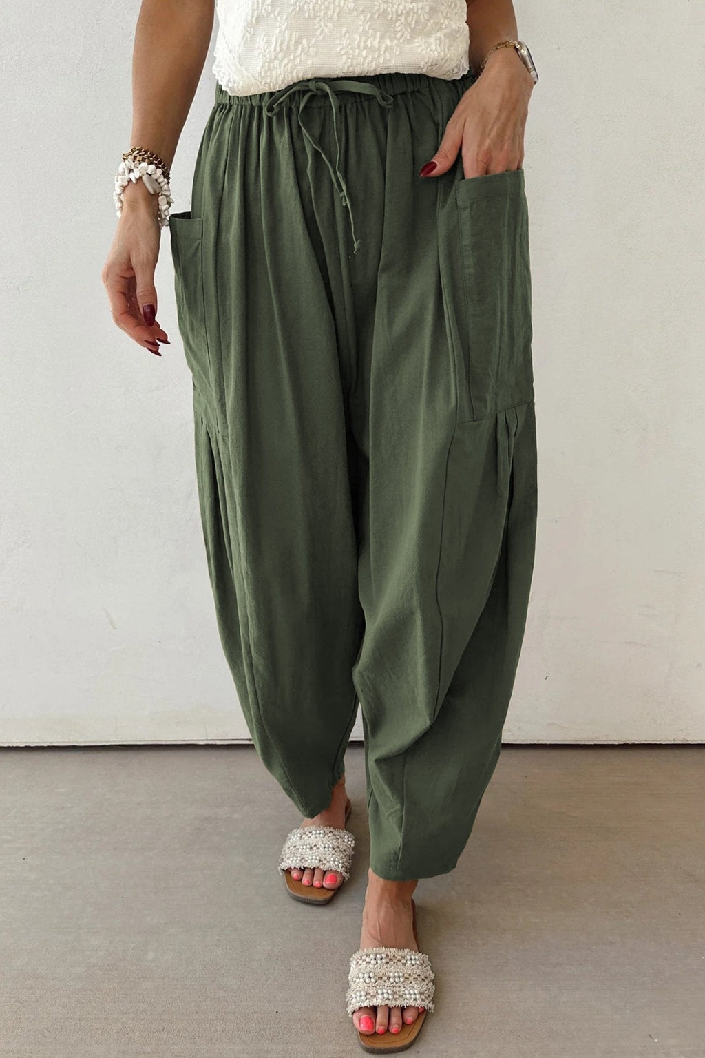 Women's Jungle Green Barrel Leg Cotton-Viscose Utility Pants