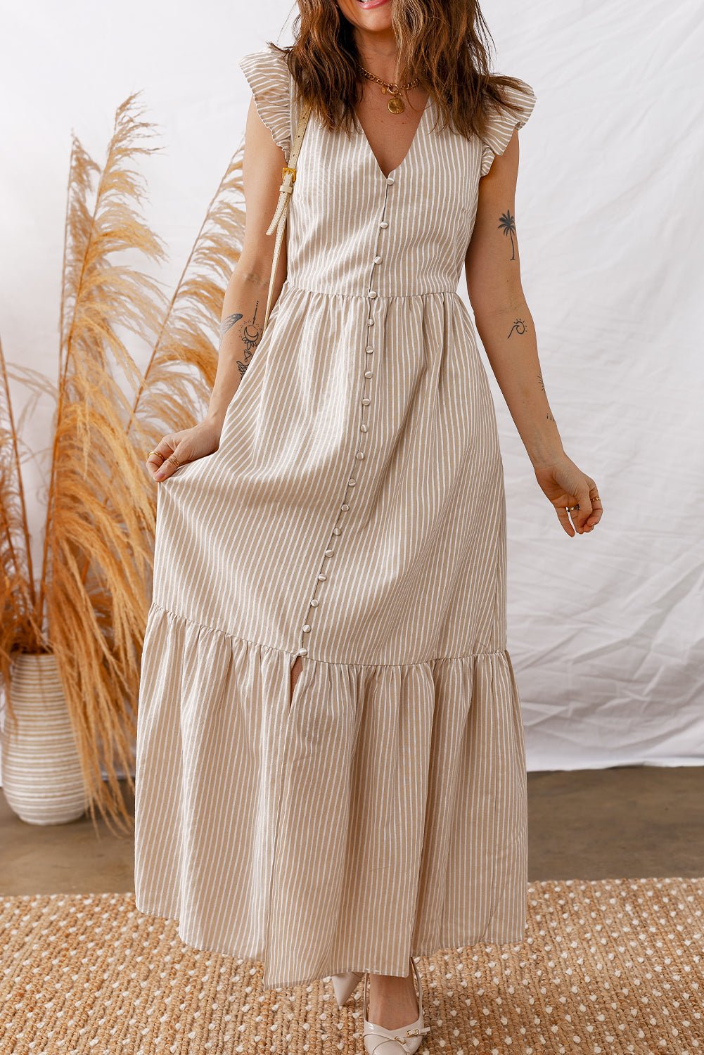 Women's Khaki Striped Flutter Sleeve Maxi Dress with Button Front