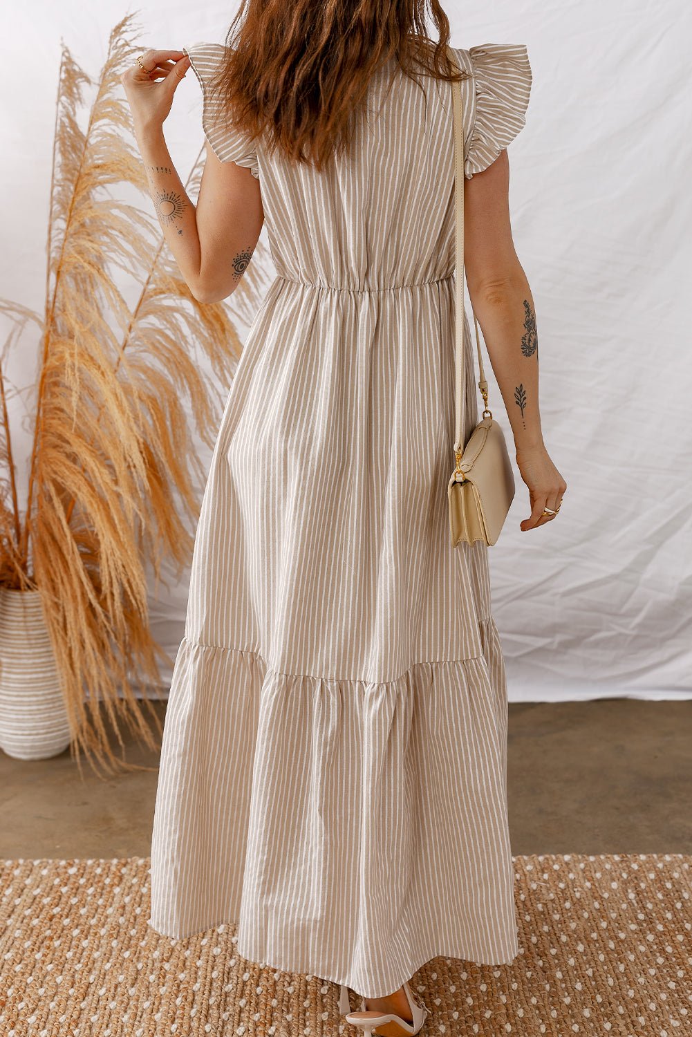 Women's Khaki Striped Flutter Sleeve Maxi Dress with Button Front