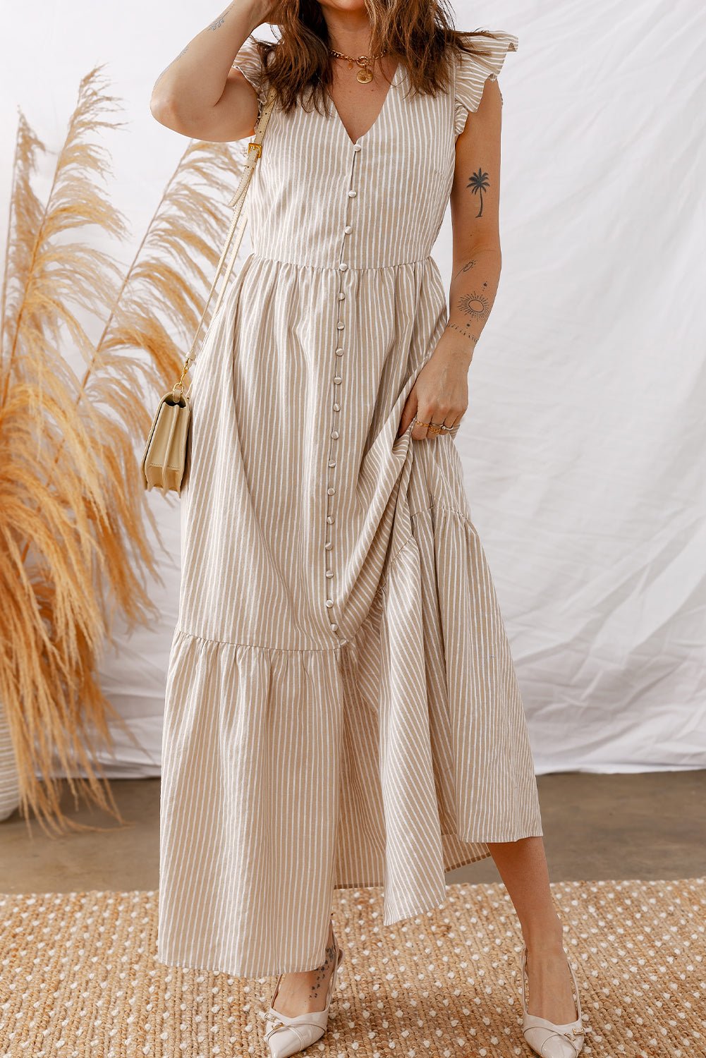 Women's Khaki Striped Flutter Sleeve Maxi Dress with Button Front