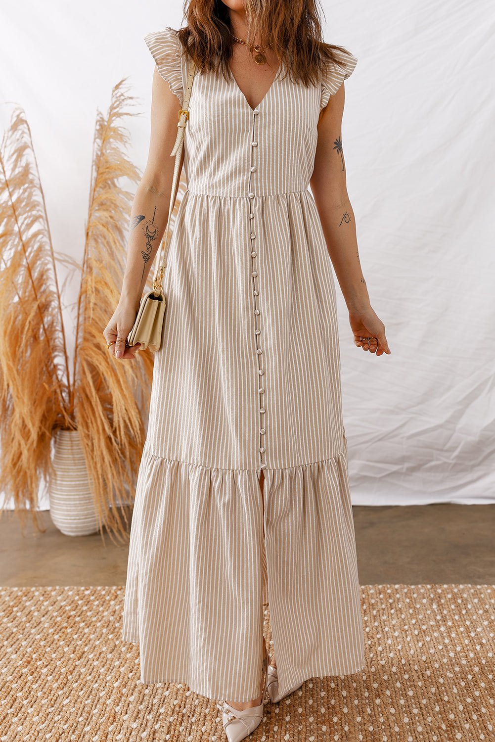 Women's Khaki Striped Flutter Sleeve Maxi Dress with Button Front