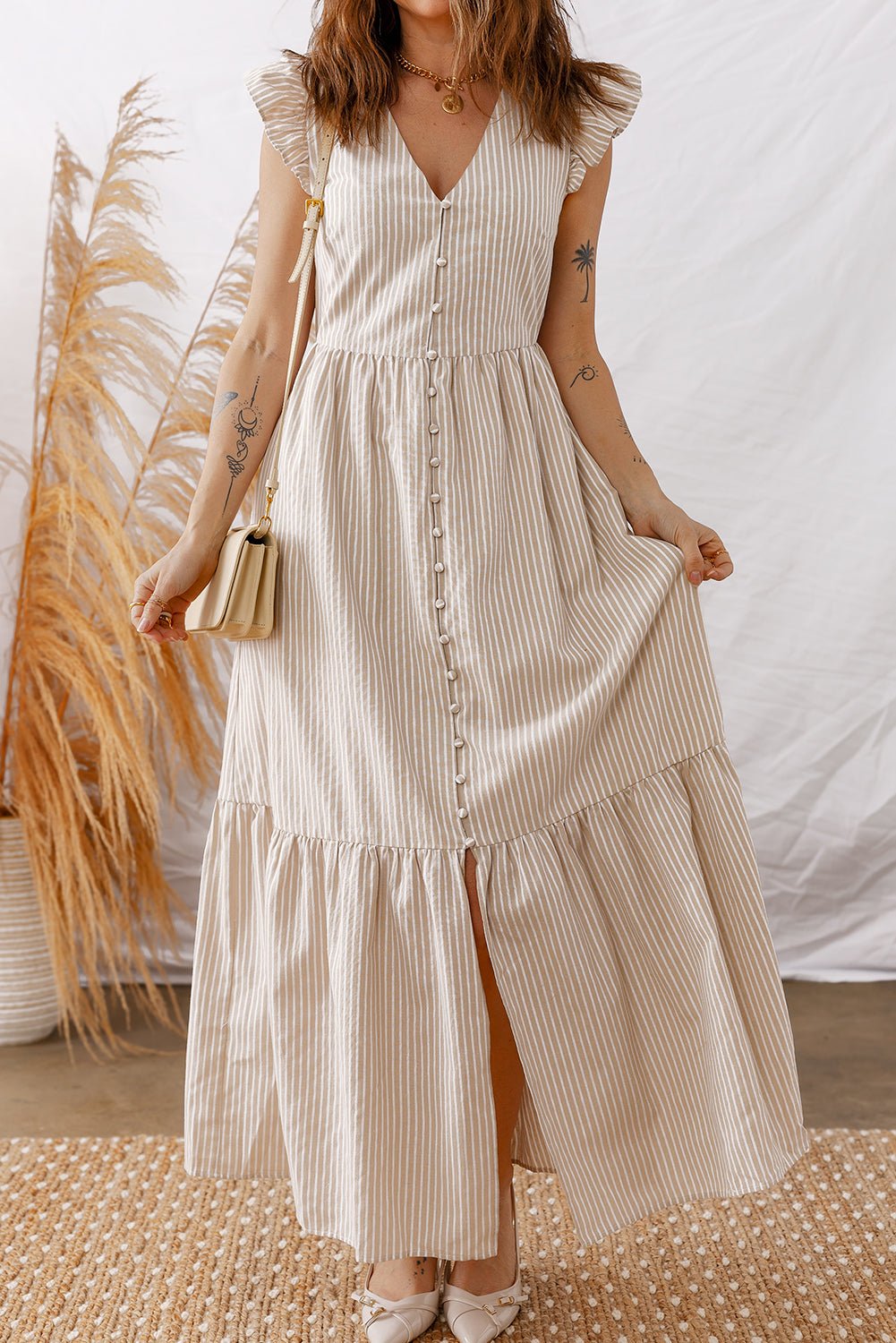 Women's Khaki Striped Flutter Sleeve Maxi Dress with Button Front