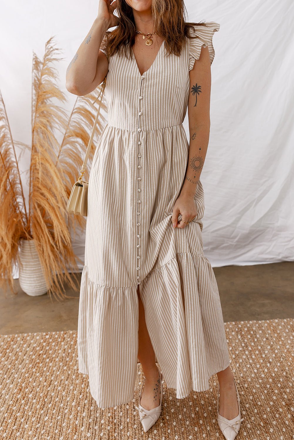 Women's Khaki Striped Flutter Sleeve Maxi Dress with Button Front