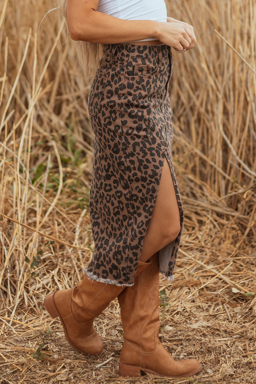 Women's Leopard Print Denim Midi Skirt with Side Slit