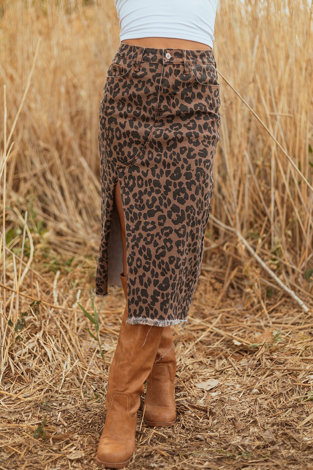 Women's Leopard Print Denim Midi Skirt with Side Slit