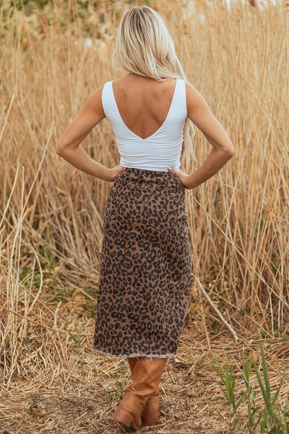 Women's Leopard Print Denim Midi Skirt with Side Slit