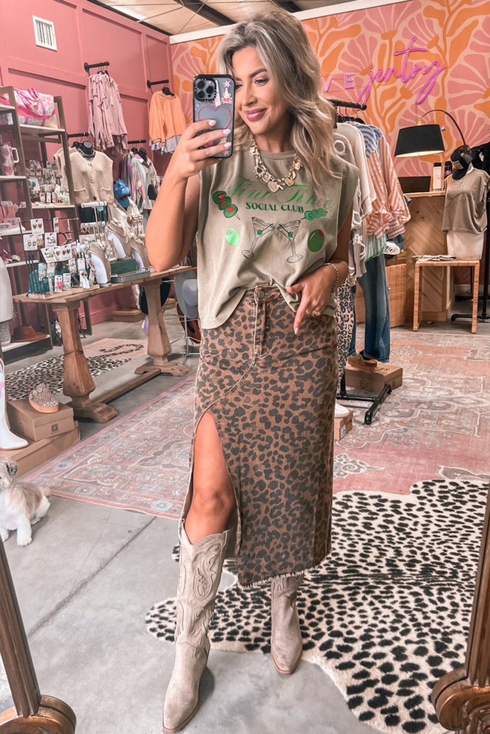 Women's Leopard Print Denim Midi Skirt with Side Slit