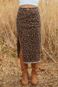 Women's Leopard Print Denim Midi Skirt with Side Slit